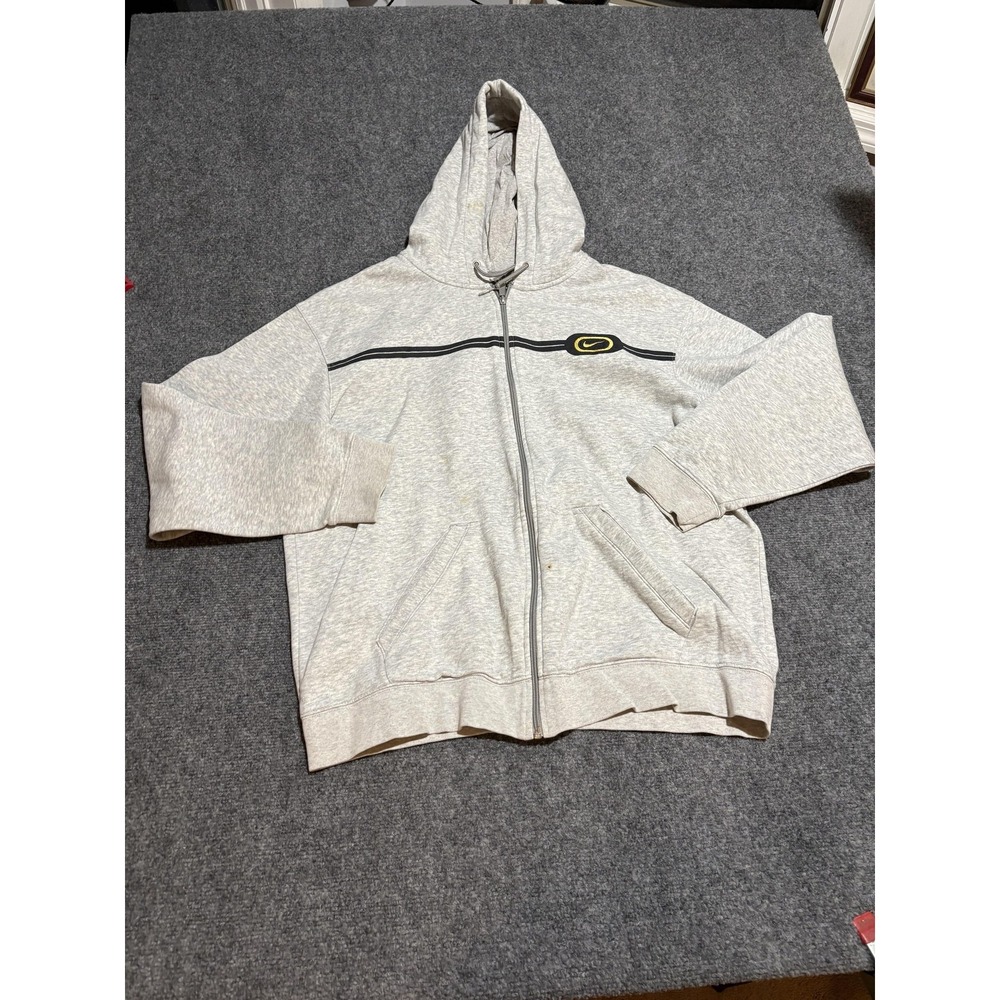 Y2K Nike Hoodie Mens XL Gray Full Zip Chest Stripe Fleece Sweatshirt Swoosh